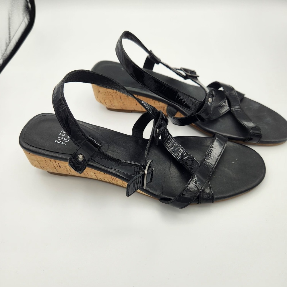Eileen Fisher Women's Sz 9.5 Black Patent Leather Cork Low Wedge Strappy Sandals